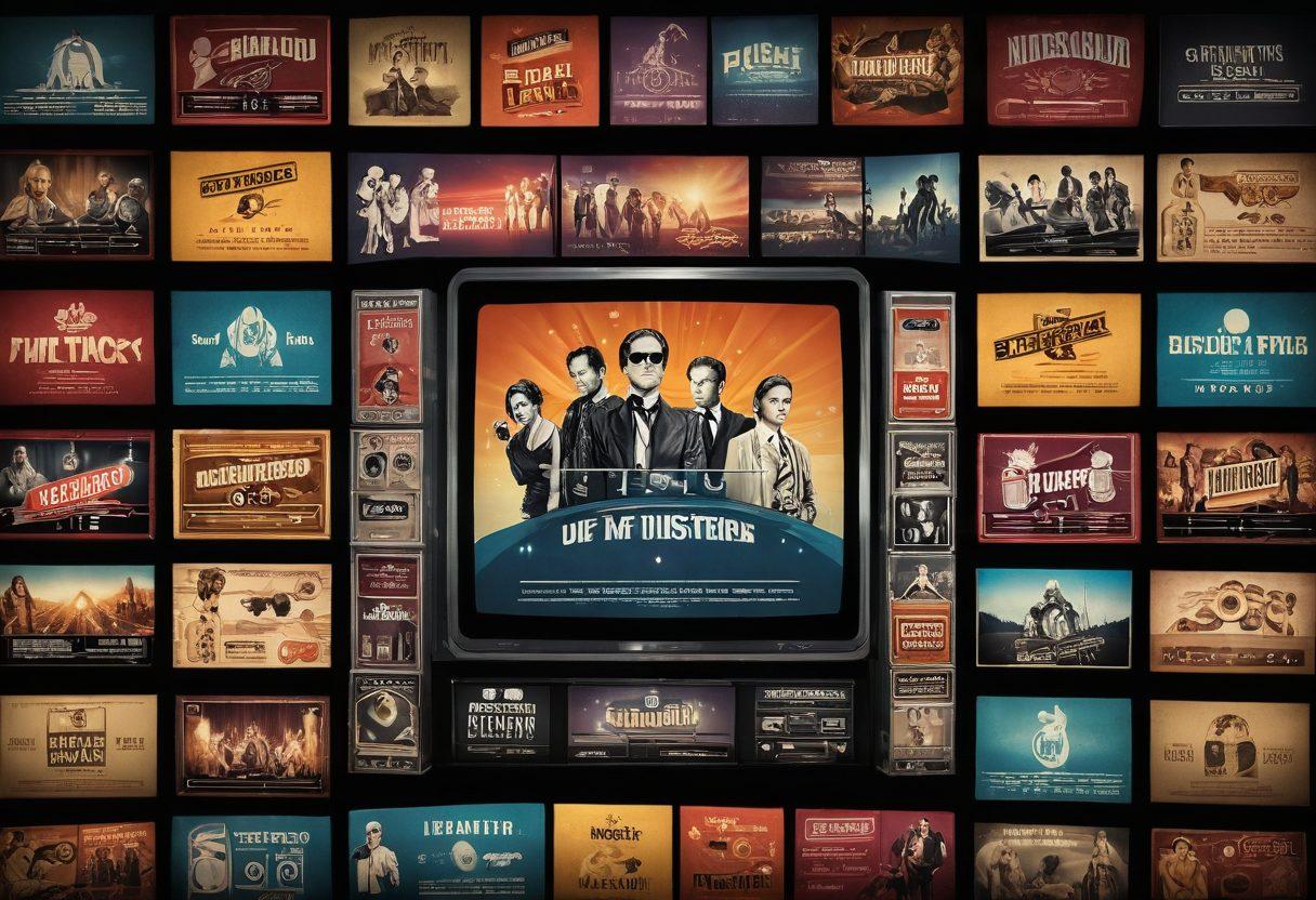 A vintage movie theater merging with a modern digital interface, showcasing film reels morphing into digital screens with social media icons surrounding them. A diverse group of film critics discussing passionately, with indie film posters on one side and blockbuster hits on the other. The background should blend classic Hollywood elements with contemporary digital art style. super-realistic. vibrant colors. 3D.