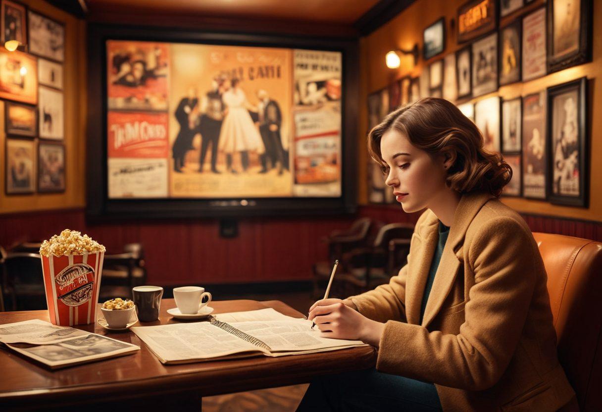 A film critic sitting in a cozy vintage cinema, surrounded by iconic movie posters and scattered film reels. They are passionately writing notes with a backdrop of a glowing screen showcasing classic film clips. A cup of coffee and popcorn lie nearby, capturing the ambiance of film discussion. The atmosphere is warm and inviting, evoking a sense of nostalgia and creativity. super-realistic. warm colors. vintage aesthetic.