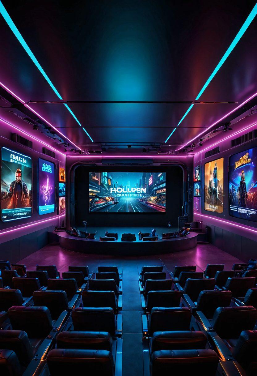 A futuristic cinema hall with a massive screen showcasing dynamic and colorful movie trailers. Spectators of diverse backgrounds are amazed, immersed in a virtual reality experience with holographic elements around. Icons of popular streaming services float in the foreground, blending technology with traditional film. The ambiance is illuminated with neon lights and reflecting high-tech aesthetics. 3D. vibrant colors. cyberpunk.